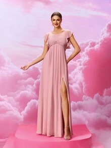 MOEVIO Women's Elegant Illusion Round Neck Chiffon Flutter Sleeves Twist Knot Sheer Back Split Thigh Long Pink Formal Bridesmaid Wedding Guest Party Dress For Birthday Graduation Homecoming - Dusty Pink - View 7