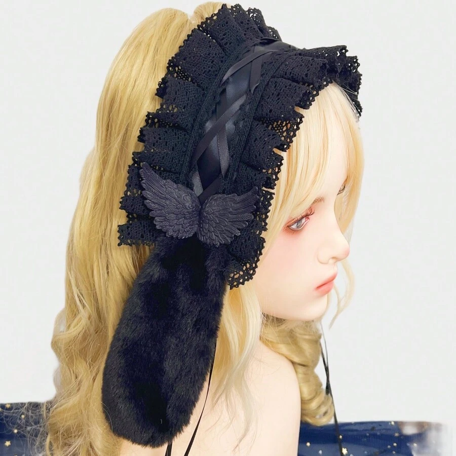 Lolita 毛绒兔耳头带，KC 头饰，角色扮演，大会，长兔耳蕾丝发带 - 彩色 - 查看 1
