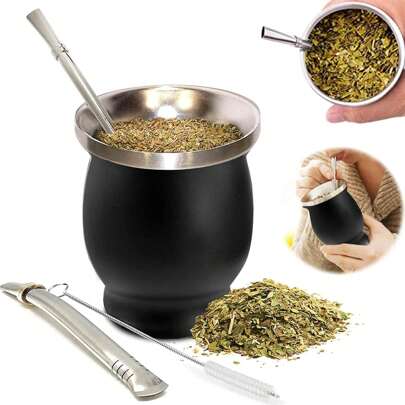 Vaso De Yerba Mate De Calabaza De Doble Pared,Matera para Yerba Mate,Vaso para Mate, Mate Argentino de Doble Pared, Taza para Mate de Acero Inoxidable, con Pajilla y Cepillo de Limpieza, 260 ML, Apto para Oficina, Ideal para Regalo