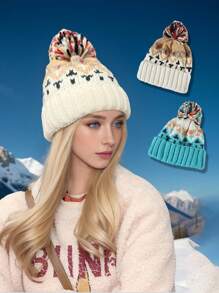 1pc Women Bohemian Rainbow Contrast Color Knit Hat, Autumn/Winter Fashion Versatile Double Layer Warm Knitted Hat With Large Pom Pom, Outdoor Ski Cycling Sport Earwarmer Cap - Multicolor - View 2