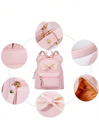 1pc Fashionable Cute Mini Backpack For Kids, Featuring Sequin Bow, Mouse Ear Design, Suitable For Girls, Pink