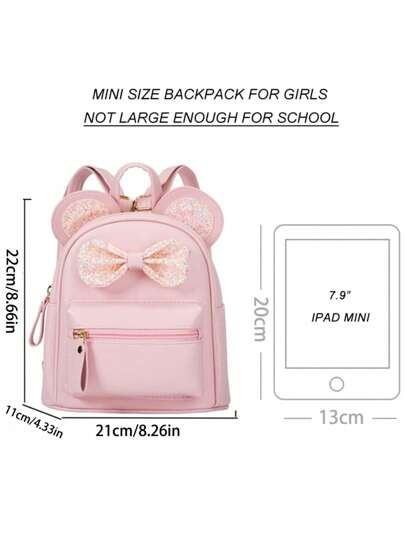 1pc Fashionable Cute Mini Backpack For Kids, Featuring Sequin Bow, Mouse Ear Design, Suitable For Girls, Pink