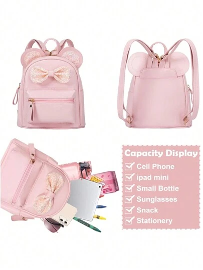 1pc Fashionable Cute Mini Backpack For Kids, Featuring Sequin Bow, Mouse Ear Design, Suitable For Girls, Pink