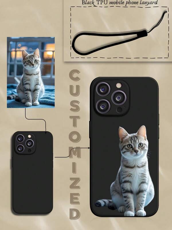 1pc Customizable Pet Photo Frame Phone Case With Black TPU Full Body Protection And 1pc Black Silicone Anti-Slip Lanyard, Compatible With Samsung/Apple/Redmi/OPPO/