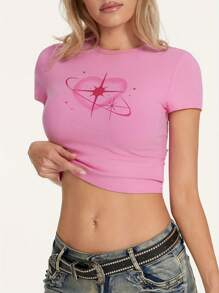 Women T-Shirt Crew Neck Short Sleeve Heart Print Slim Fit Summer Tops For Casual Daily