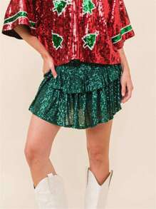 Women Y2K Summer Mini Skirt Casual Sparkling Sequins Elastic A-Line Skirt For Beach Vacation Club Streetwear - 綠色 - 查看 2