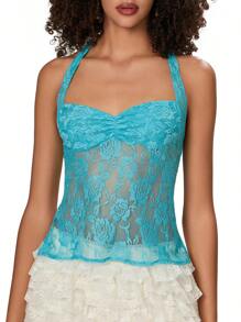 Y2k Lace Tank Tops For Women Tie-Up Halter Tops Sleeveless Vests Tops Summer Casual Slim Fit T-Shirts Lace Floral Cropped Tank Tops Going Out Tops For Club Streetwear Fairy Aesthetic  Clothes - 藍色 - 查看 1