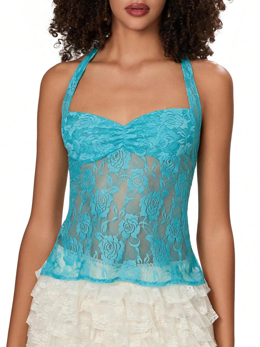 Y2k Lace Tank Tops For Women Tie-Up Halter Tops Sleeveless Vests Tops Summer Casual Slim Fit T-Shirts Lace Floral Cropped Tank Tops Going Out Tops For Club Streetwear Fairy Aesthetic  Clothes - 藍色 - 查看 1