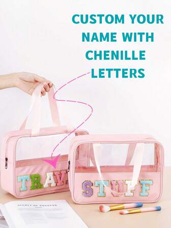 1 pieza Bolsa de maquillaje personalizada con tu nombre, letras de chenilla de color aleatorio para mujeres y niñas, estilo universitario para viajes y uso diario, bolsa de aseo elegante y portátil, regalo de Navidad personalizable con nombre o logotipo