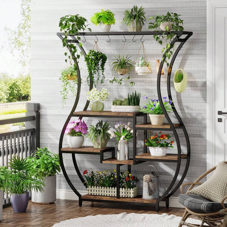Tribesigns 6-Tier Plant Stand, 70.9 Inch Tall Plant Shelf With 10 Hanging Hooks, Vase Shape Ladder Plant Stand, Multi-Purpose Plant Display Rack For Indoor, Balcony, Living Room, Rustic Brown Home Decor Furniture, Brown