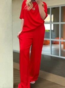 2 件套女士夏季休闲纯色圆领短袖上衣和松紧腰口袋裤子套装 - 紅色 - 查看 6