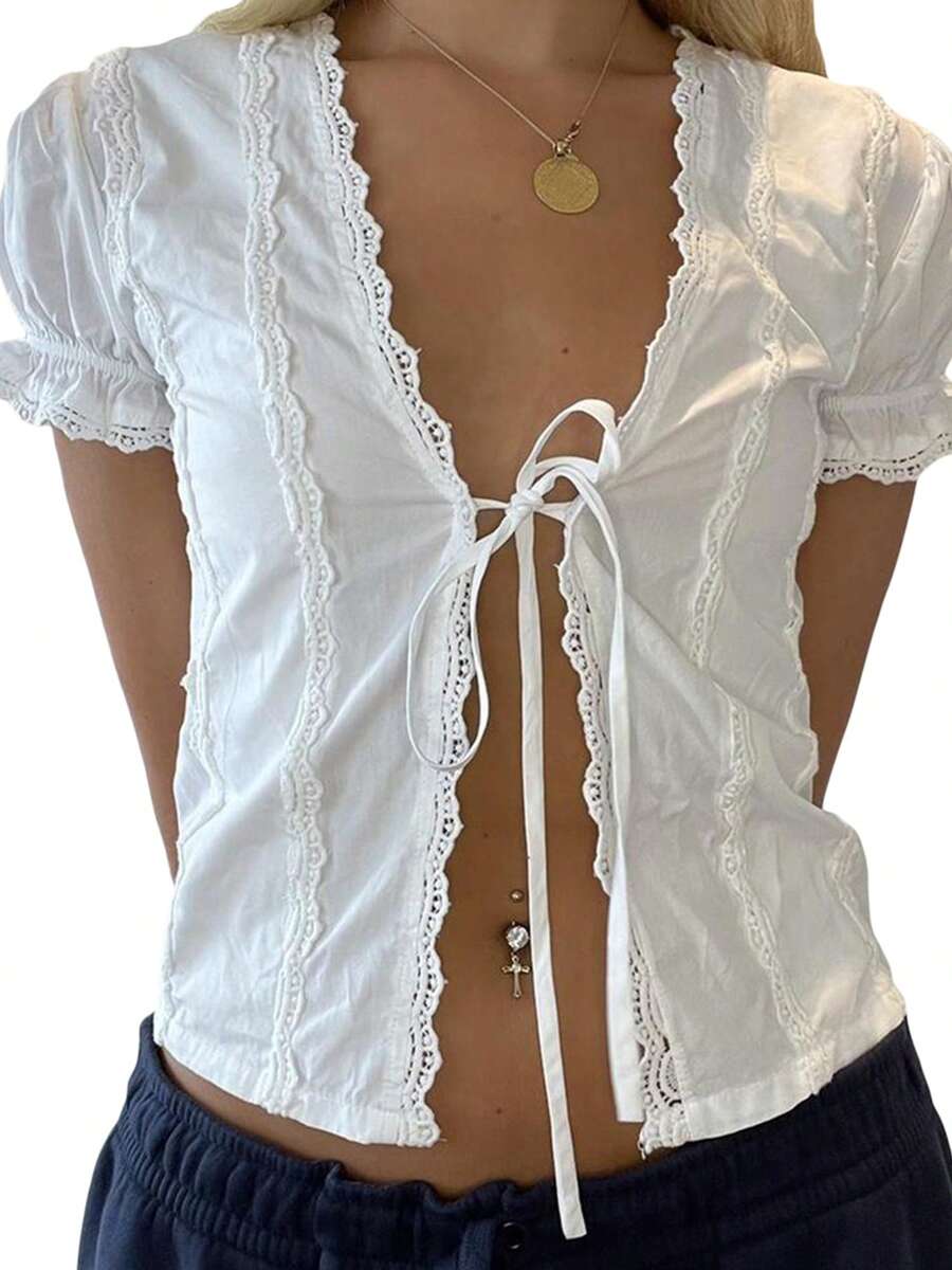 Tie Front Top For Women Coquette Lace Trim Babydoll Shirt Summer Top Y2k Short Sleeve Open Front Blouse Streetwear - White - View 1