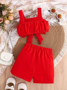 Set de 2 piezas de top de tirantes con lazo y shorts casuales para bebé/niña bebé