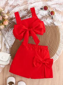 Set de 2 piezas de top de tirantes con lazo y shorts casuales para bebé/niña bebé