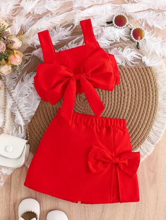 2 件套婴儿/女婴休闲蝴蝶结装饰吊带背心上衣和短裤套装