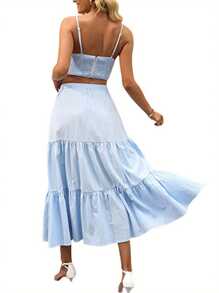 Women's Summer Skirt Boho Elastic Waist Pleated A-Line Flowy Layered Long Beach Skirt With Pockets - Light Blue - View 3