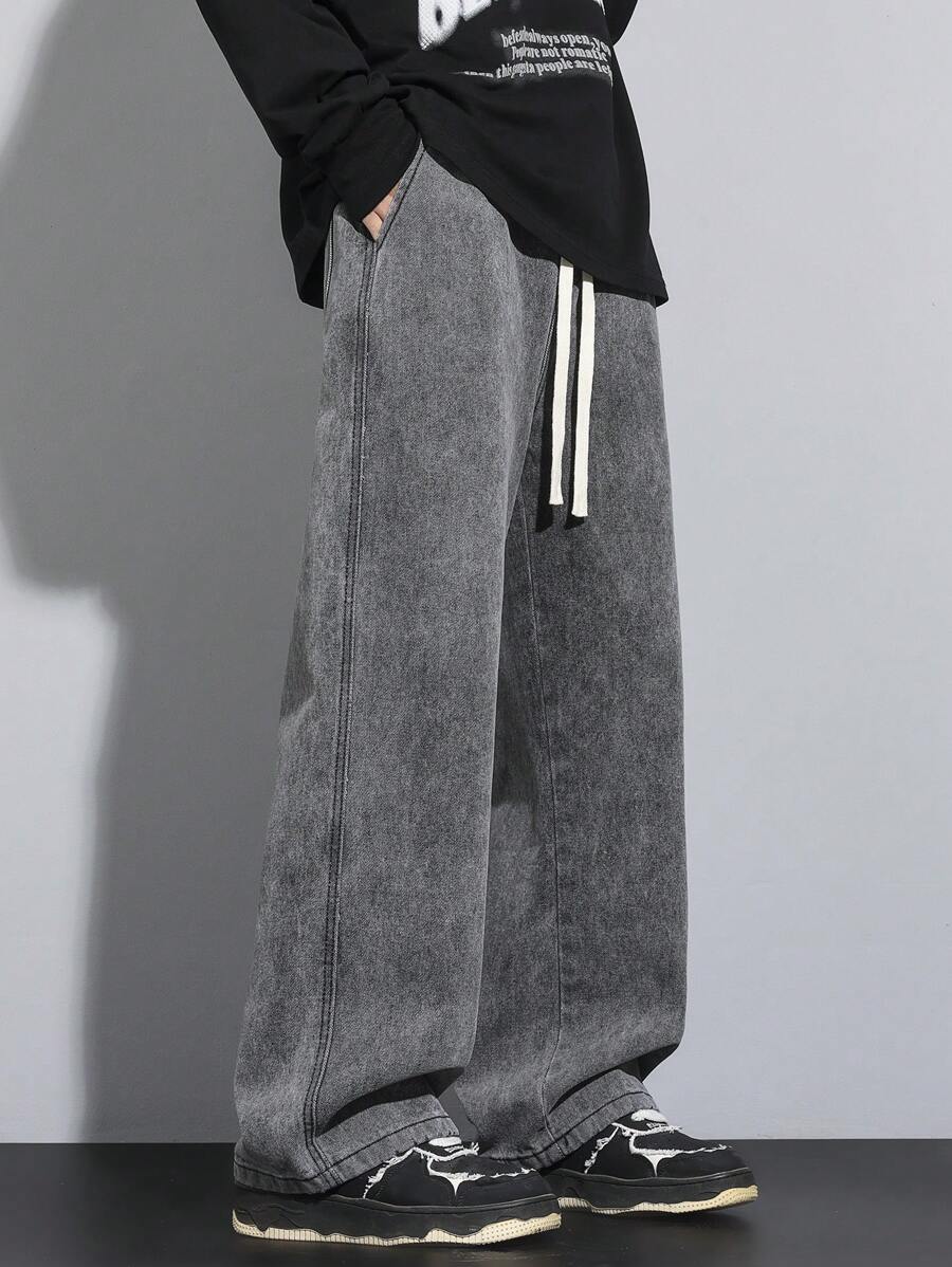 优质简约经典直筒水洗牛仔裤，抽绳松紧腰休闲裤，适合所有季节 - 淺灰色 - 查看 1