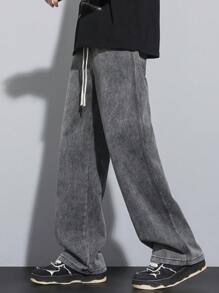 优质简约经典直筒水洗牛仔裤，抽绳松紧腰休闲裤，适合所有季节 - 淺灰色 - 查看 2