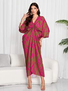 Women Geometric Print Tie Front Batwing Sleeve Oversized Shift Dress, Modest