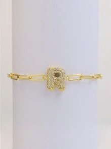 18K 金/银女式首字母手链，26 个泡泡圆形字母，可堆叠，可爱简约时尚回形针链手链，时尚珠宝礼物 - 金色字母手鍊 - 查看 23