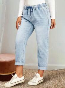 Women's Elastic Waist Washed Denim Long Pants, Suitable For Commuting And Casual Wear, Autumn