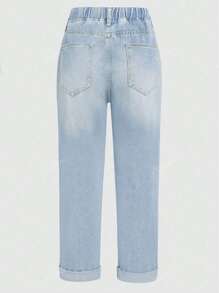 Women's Elastic Waist Washed Denim Long Pants, Suitable For Commuting And Casual Wear, Autumn