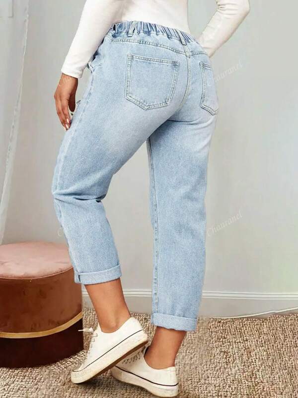 Elastic Waist Washed Distressed Tapered Leg Jeans