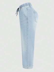 Women's Elastic Waist Washed Denim Long Pants, Suitable For Commuting And Casual Wear, Autumn