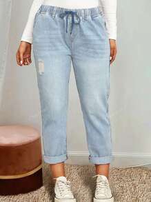 Women's Elastic Waist Washed Denim Long Pants, Suitable For Commuting And Casual Wear, Autumn