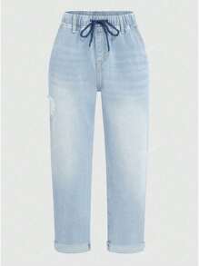 Women's Elastic Waist Washed Denim Long Pants, Suitable For Commuting And Casual Wear, Autumn