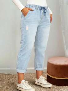 女士弹力腰水洗牛仔七分裤，适合通勤和休闲穿着，秋季款 - 淺色水洗藍 - 查看 4