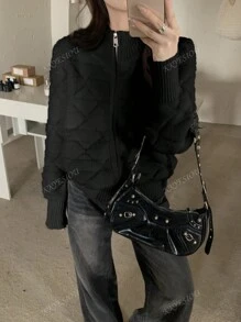 Women Zip-Up Knit Cardigan Sweater Jacket With Stand Collar, Autumn/Winter