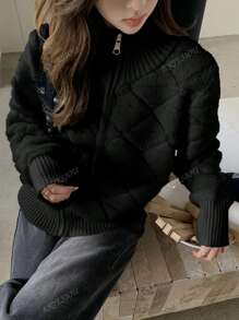 Women Zip-Up Knit Cardigan Sweater Jacket With Stand Collar, Autumn/Winter