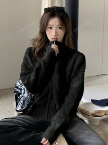 Women Zip-Up Knit Cardigan Sweater Jacket With Stand Collar, Autumn/Winter