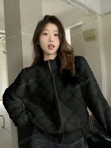 Women Zip-Up Knit Cardigan Sweater Jacket With Stand Collar, Autumn/Winter