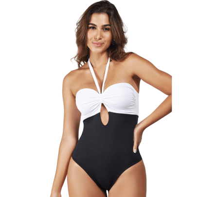 Body Maiô Chanell Glam, Com Bojo, Amarração, Preto e Branco, Forro Duplo Zero Transparência