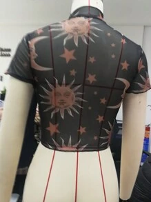 Women See-Through T-Shirts Mesh Crop Top Transparent Moon Star Print Tee - Black - View 9