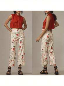 Women Wide Leg Denim Pants Casual Loose Fruit Print Crop Capri Jeans Trousers For Work Office Streetwear