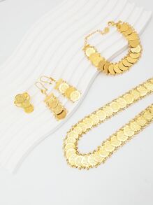 18 Karat vergoldetes Set aus 5 Stück modischem, vielseitigem Halskette, Ohrringen, Armband, Ring und langem Münzenschmuck für Frauen