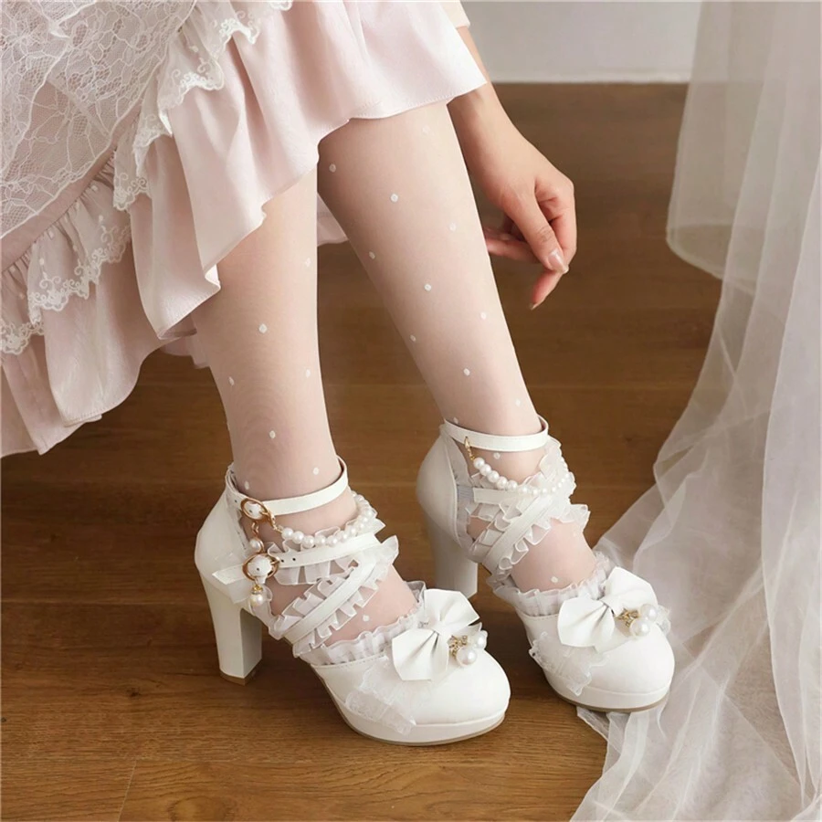 Kawii Shoes Bow Pearl Heels Lolita Platform Heels For Women Lace Cute Mary Janes Pumps - 白色 - 查看 1