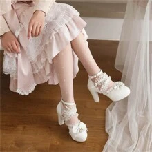 Kawii Shoes Bow Pearl Heels Lolita Platform Heels For Women Lace Cute Mary Janes Pumps - 白色 - 查看 2