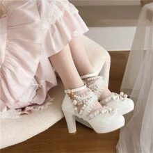 Kawii Shoes Bow Pearl Heels Lolita Platform Heels For Women Lace Cute Mary Janes Pumps - 白色 - 查看 4