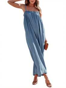 Womens Denim Long Jumpsuit, Casual Spaghetti Strap Solid Color Wide Leg Romper Pants - Màu xanh lam - Xem 7