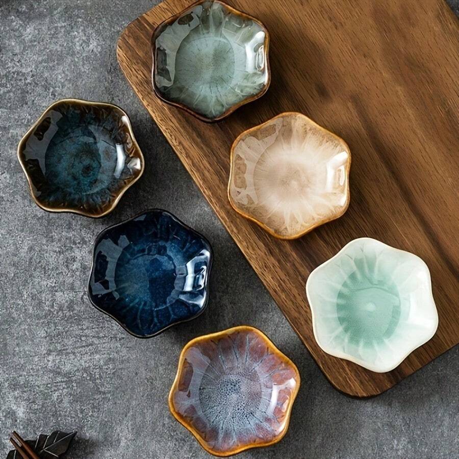 1/6 piezas Conjunto de salseras japonesas de cerámica - Pequeños platos con acabado esmaltado creativo para condimentos y encurtidos, perfecto para uso en la cocina del hogar - Multicolor - Ver 1