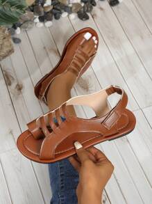 Women's Woven Toe Loop Strap Sandals, Hollow Design, Breathable And Comfortable, Slip On, Beach Shoes - Chocolate Brown - View 2