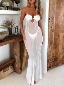 Womenacute;S Summer Mesh Tube Top Dress Solid Color Low Cut See Through Strapless Bodycon Long Dress - trắng - Xem 5