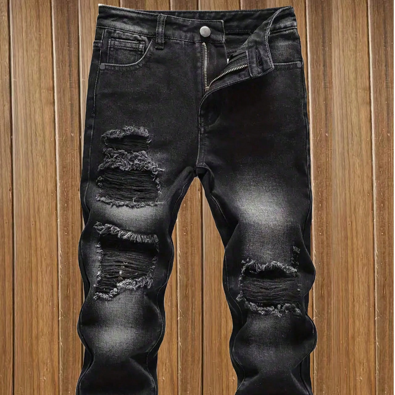 Jeans casuales para niños con cintura elástica y efecto desgastado, con corte entallado