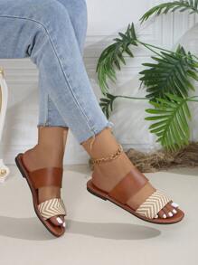 女士时尚一脚蹬凉鞋，露趾平底休闲鞋，采用舒适的合成亚麻鞋面，装饰衬里和鞋垫，适合女士一脚蹬凉鞋