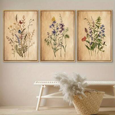 3 Pieces Of Vintage Wildflower Canvas Art - Vintage Wildflower Scandinavian Modern Botanical Print, Botanical Wildflower Home Decor For Living Room, Bedroom, Office Decor - Canvas (Framed),Wall Art,Poster Gifts Birthday Graduation