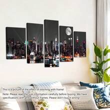 5pcs/Set Solid Wood Interior Frame Frame Wall Art City Building Color Light Print Painting Modern Art Living Room Bedroom Dining Room Home Office Decorative Painting ,Posters,Wall Art,Room Decoration Stuff,Canvas Gifts Birthday Graduation